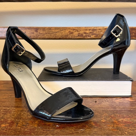 A.n.a. Black Patent Leather Open Toe Heels Sandals a New Approach Shoes - Picture 1 of 13